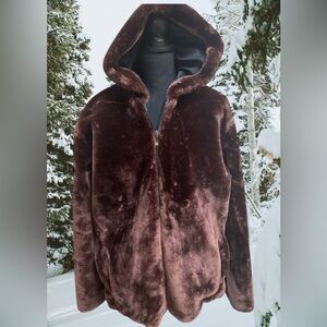 FHILLINUO BROWN PLUSH FUZZY FAUX FUR HOODED TEDDY BEAR JACKET COAT SZ L-XL NWT